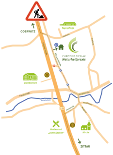 Kartenausschnitt von Mittelherwigsdorf mit Standort der Naturheilpraxis und Warnung einer Baustelle in Richtung Oderwitz.